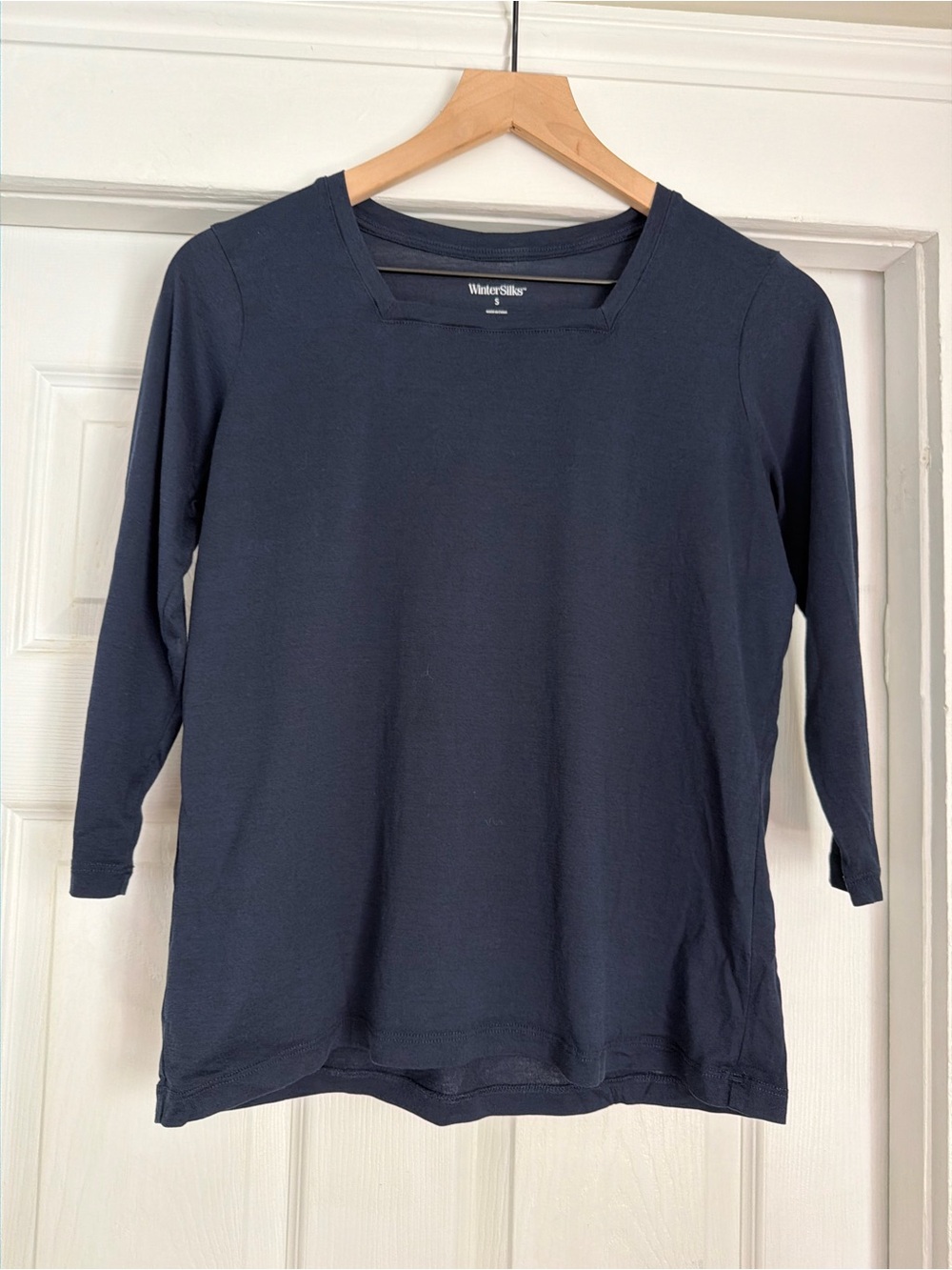 WinterSilks Silk Cotton Square Neck 3/4 Sleeve Tee Shirt Navy Blue Size Small